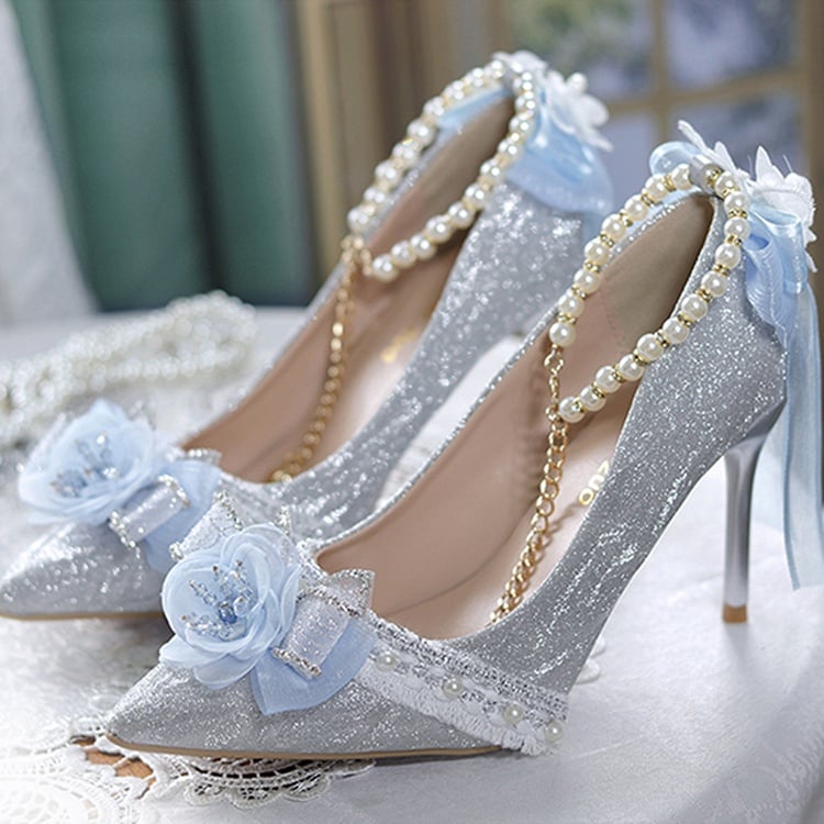 Silver & Light Blue Glittering Floral Bownknot Detachable Beaded Chain Hime Lolita High Heels