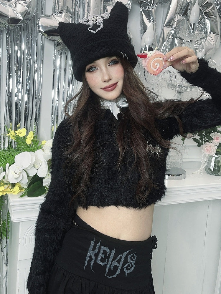 Punk Black Cat Ears Design Cross Patch Knit Hat