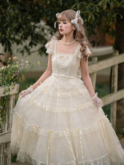 Creamy White Beads Neckline Ribbon Bow Accents Princess Lolita Dress
