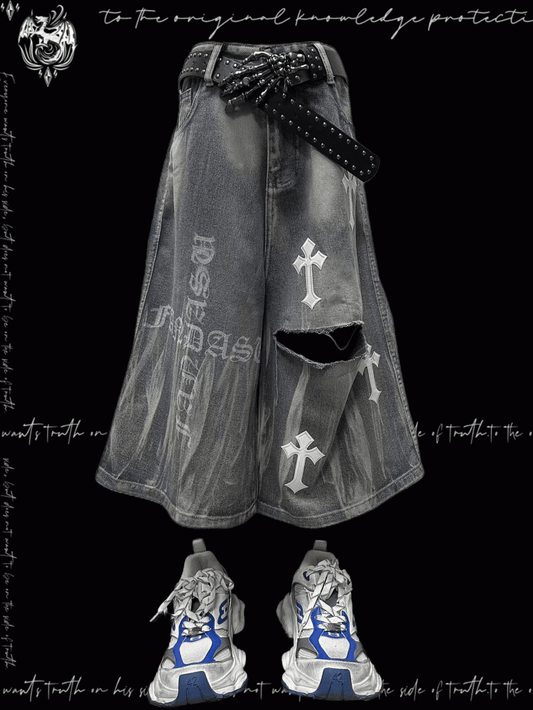Y2K Blue Cross Appliques Distressed Holes Wide-Leg Jeans