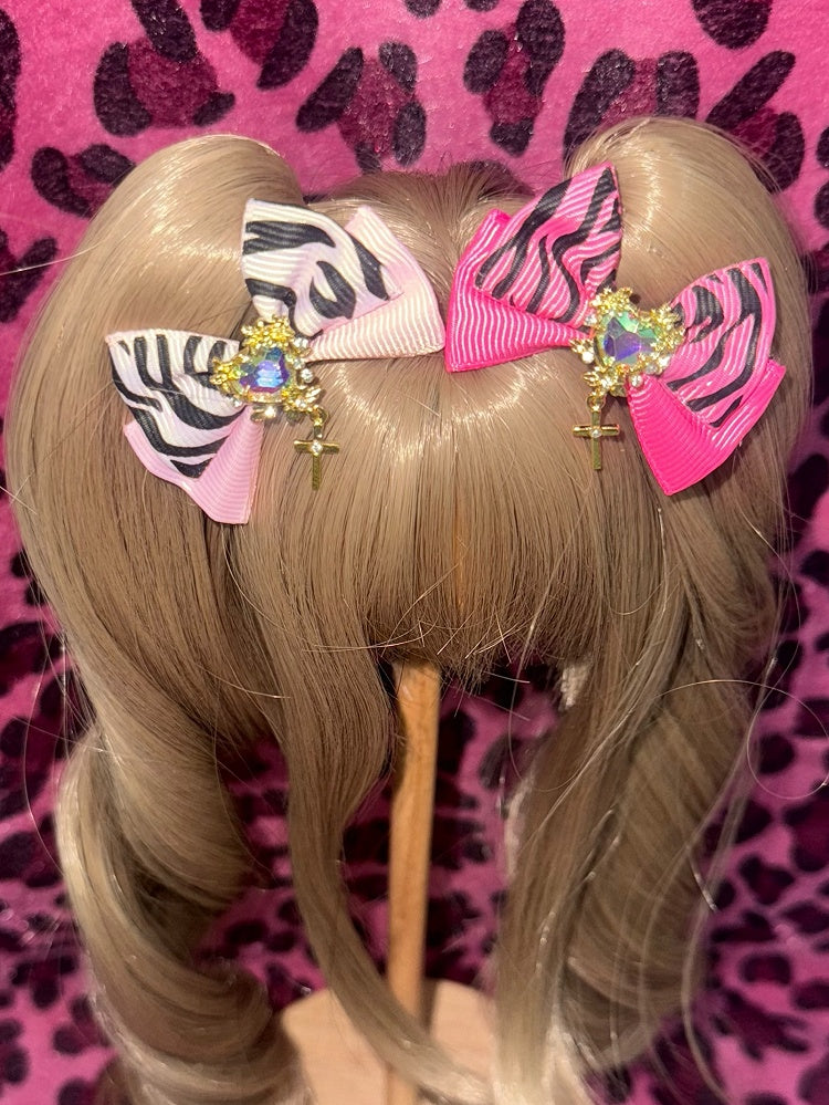 Light/Dark Pink Leopard Pattern Cross Charm Rhinestone Heart Decorated Bowknot BJD Doll Hairclip