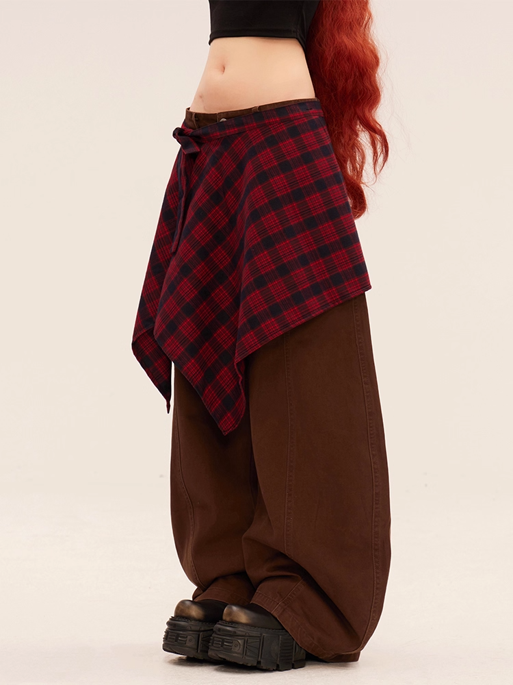 Dark Gray/Brown Low Rise Vintage Wide-leg Pants with Plaid Waist Accessory