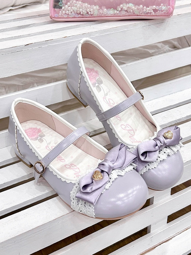 Low-Heel Purple Sophisticated Lolita Shoes - Ornate Heart Bow with Delicate Lace & Scalloped Hemline