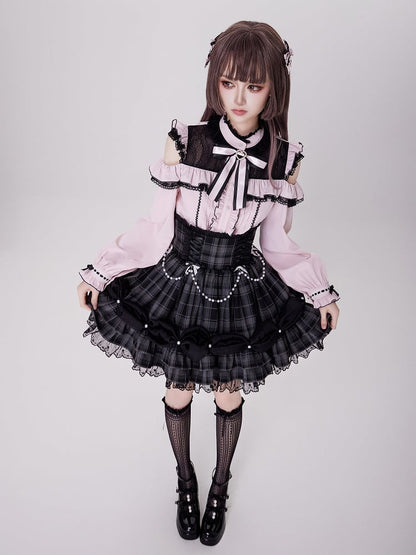 Bead Chain and Bow Accents Adorned High Waist Jirai Kei All Grey Plaid Skirt