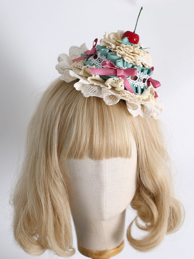 Green&Pink Sweet Lolita Bowknot Details Cherry Decorated Lace Trim Mini Hat