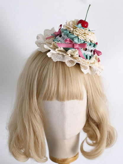 Green&Pink Sweet Lolita Bowknot Details Cherry Decorated Lace Trim Mini Hat