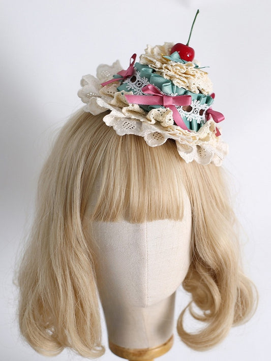 Green&Pink Sweet Lolita Bowknot Details Cherry Decorated Lace Trim Mini Hat
