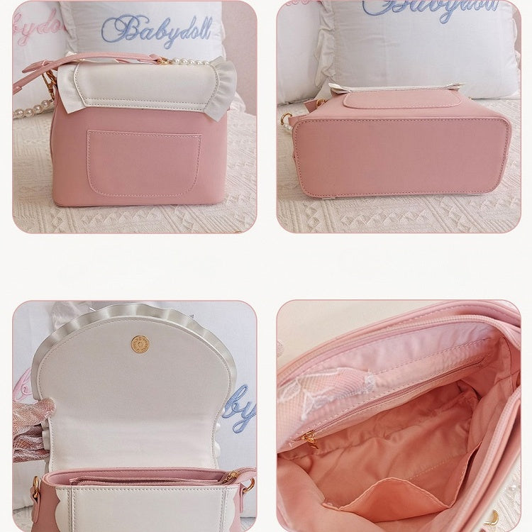 Elegant Lolita Pink & White Hand/Crossbody Bay - Crystal Heart Charm with Beaded Chain Bow & Dual Detachable Straps