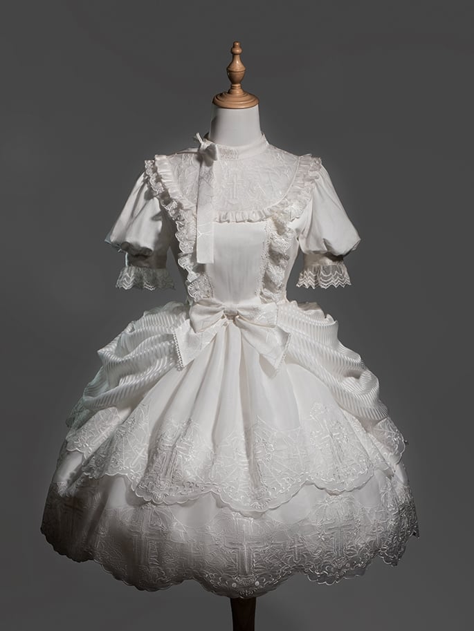 Clearance-Size M for Bust 90CM White Spider Web and Cross Embroidery Shiro Lolita Dress Embroidered Scalloped Edge Trim Skirt