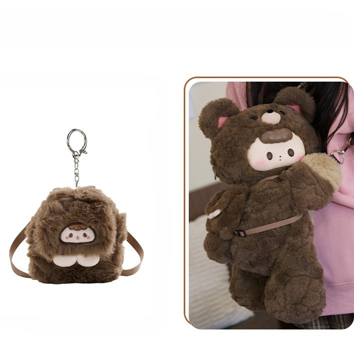 Brown Plush Bear Backpack/Crossbody Bag + Keychain