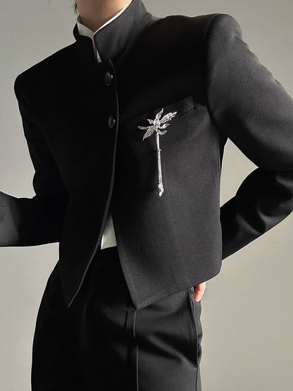 Ouji Lolita Black Crop Blazer with Notched Collar & Single-Breasted Buttons