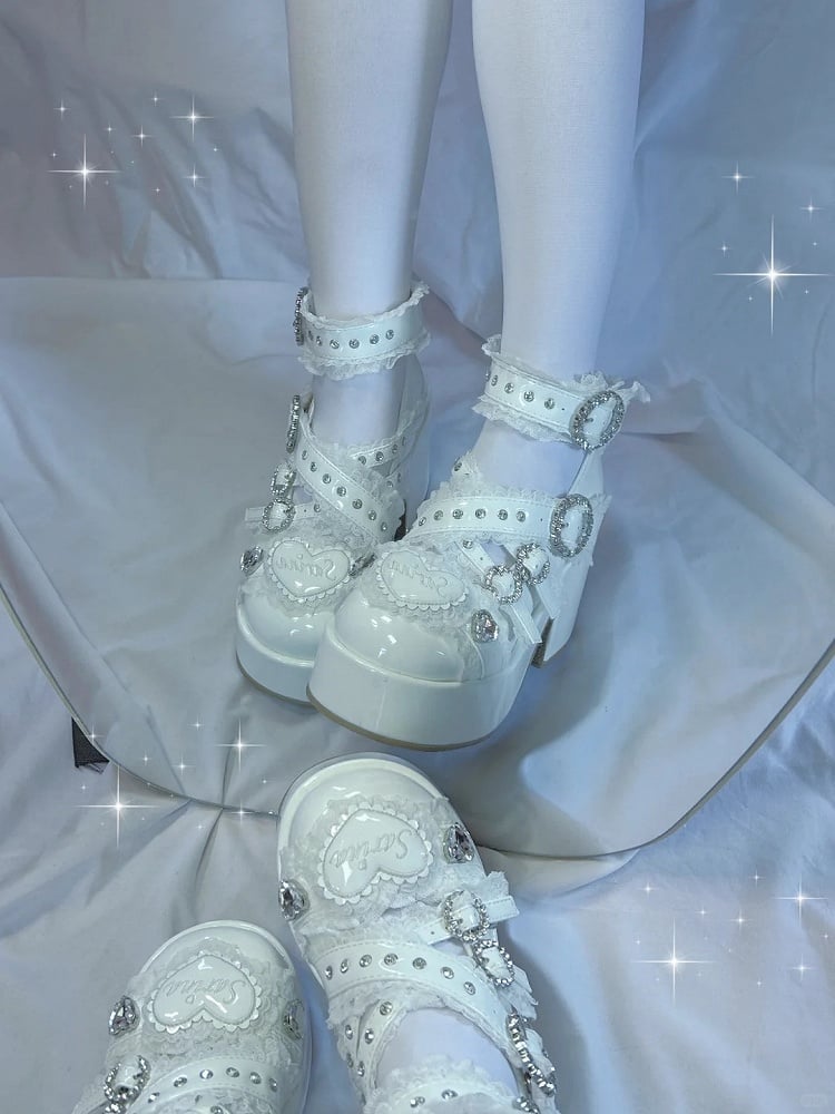 Jirai Kei White Platform Shoes: Round Toe with Lace-Trimmed Cross Strap and Chunky Block Heel