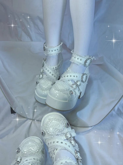 Jirai Kei White Platform Shoes: Round Toe with Lace-Trimmed Cross Strap and Chunky Block Heel