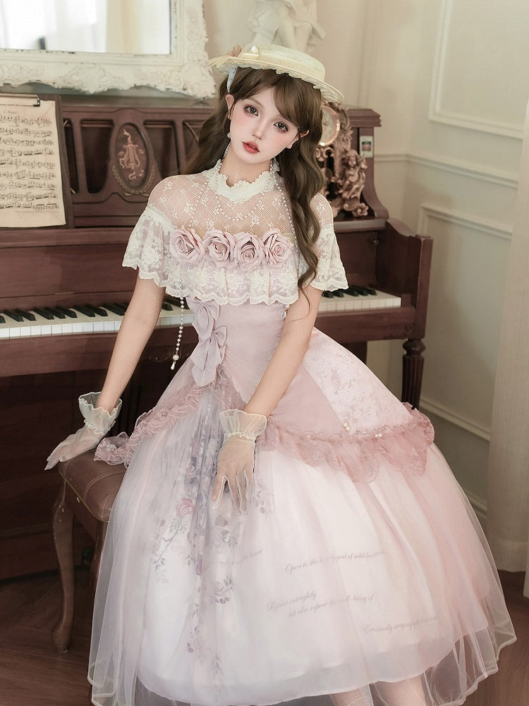 Pink Illusion Neckline Elegant Classic Lolita Top + Floral Print Skirt + Beaded Necklace Set