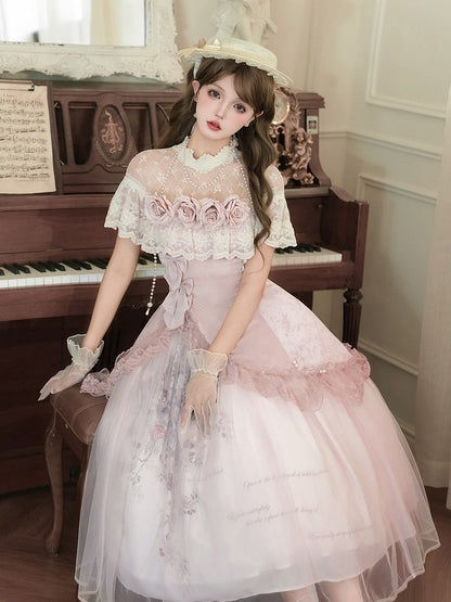 Pink Illusion Neckline Elegant Classic Lolita Top + Floral Print Skirt + Beaded Necklace Set