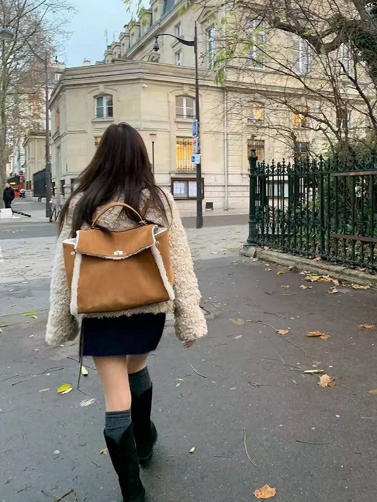 Vintage Brown Plush Patchwork Backpack - Perfect for Fall and Winter