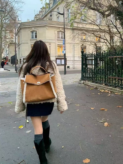 Vintage Brown Plush Patchwork Backpack - Perfect for Fall and Winter