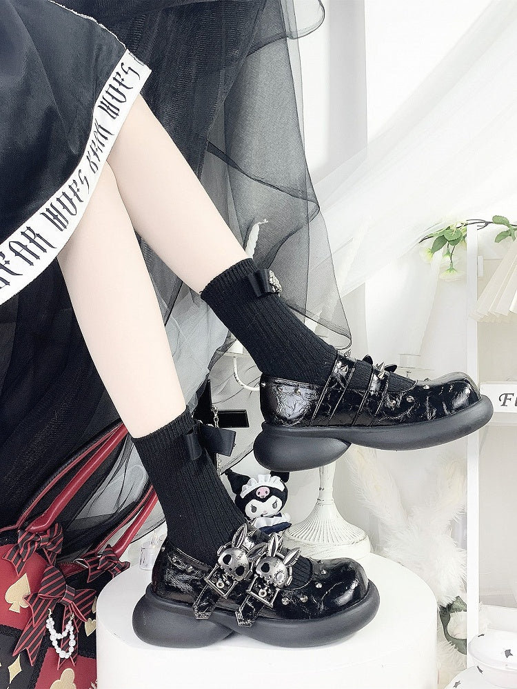 Skeleton Bunny Buckles Crack Black Punk Mary Janes