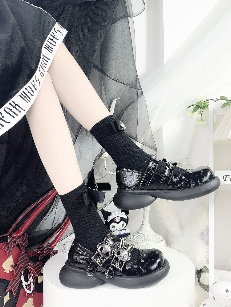 Skeleton Bunny Buckles Crack Black Punk Mary Janes