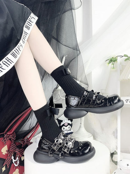 Skeleton Bunny Buckles Crack Black Punk Mary Janes