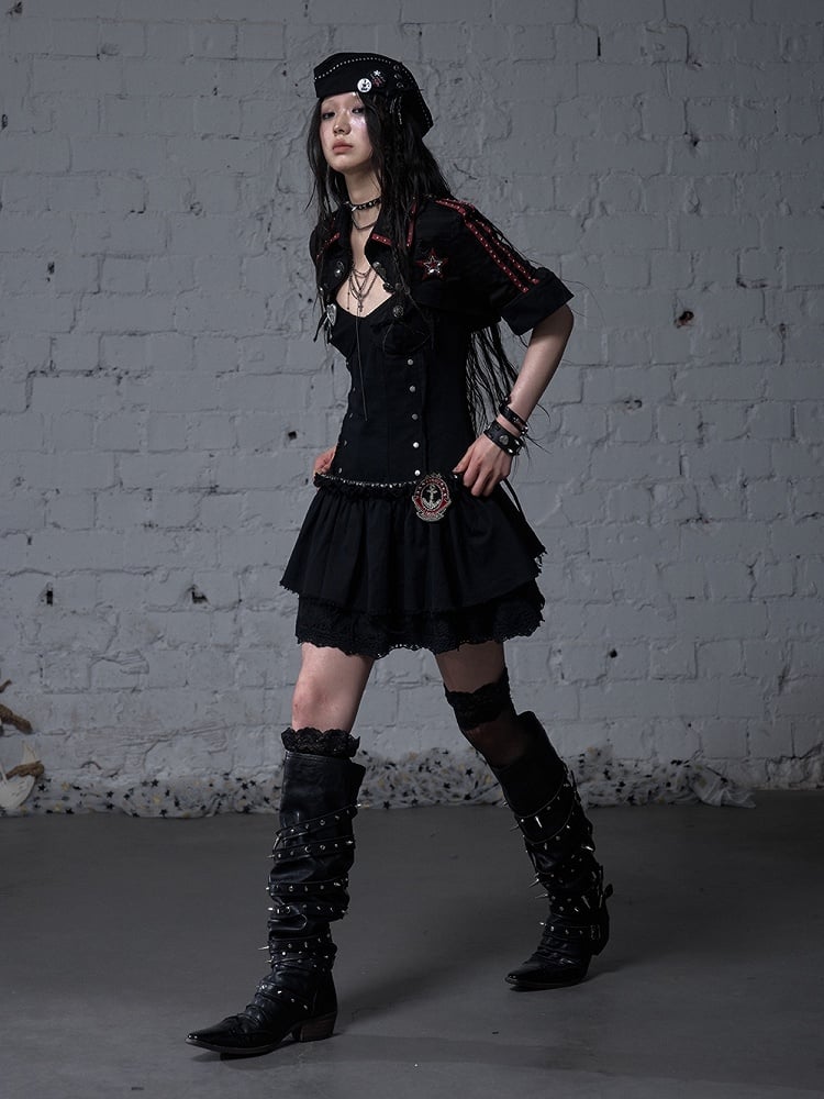 Black/White Pointed Flat Collar Studs and Metal Buttons Open Placket Navycore Top