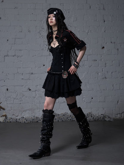 Black/White Pointed Flat Collar Studs and Metal Buttons Open Placket Navycore Top