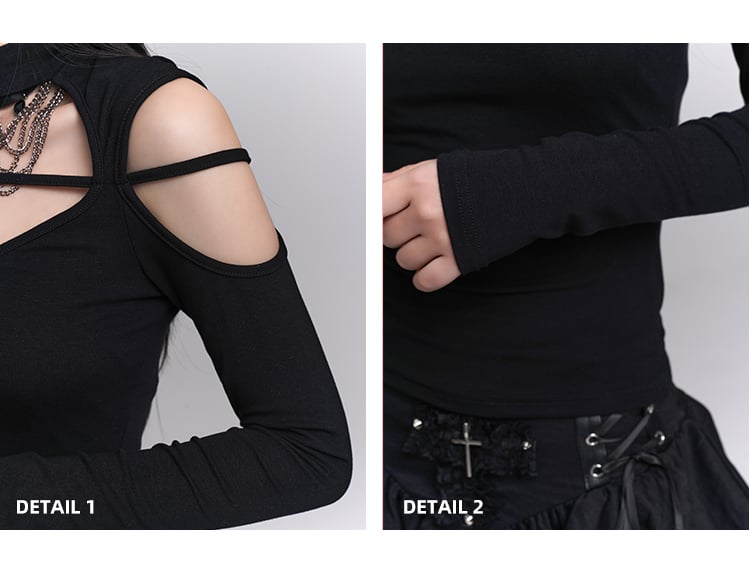 Black Crew Neck Cutout Shoulder Cross Embellished Top