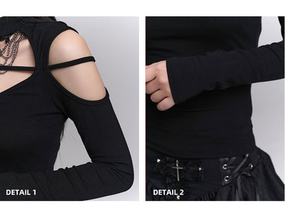 Black Crew Neck Cutout Shoulder Cross Embellished Top