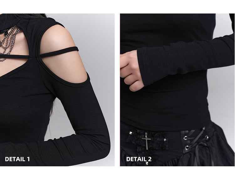 Black Crew Neck Cutout Shoulder Cross Embellished Top