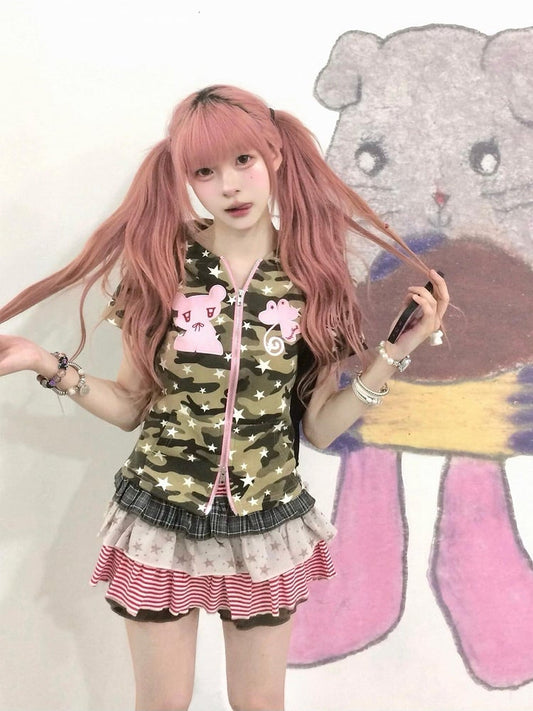 Camouflage Subculture Zip-Up T-shirt with Bear Ears Hood