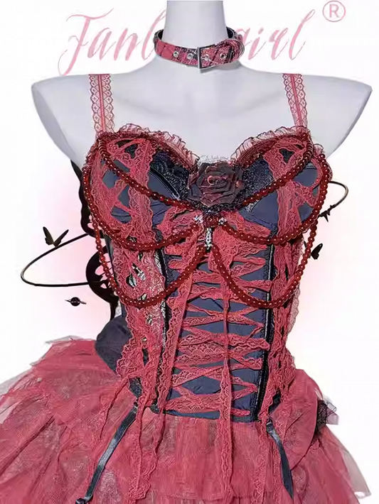 Gothic Red & Black Lace Trim Rosette Beaded Chain Corset Cami Top