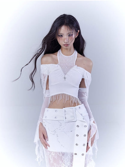 White Cutout Shoulder Beaded Tassel Hem Punk Cropped Top with Lace Hood