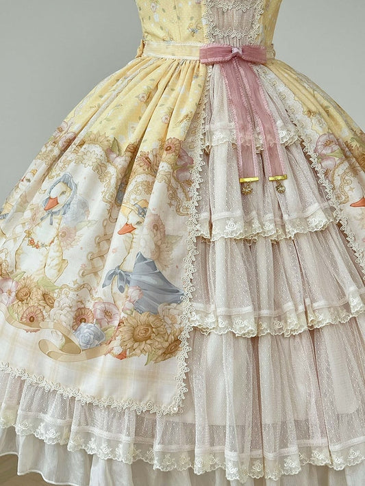 Clearance-Size XL for Bust 96-106CM Farm Ducks and Sunflowers Print Yellow Sweet Lolita Jumper Skirt