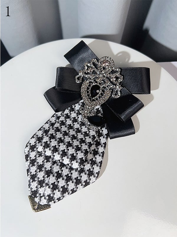 4 Options Rhinestone Decorated Bowknot Design Houndstooth Pattern Neck Tie