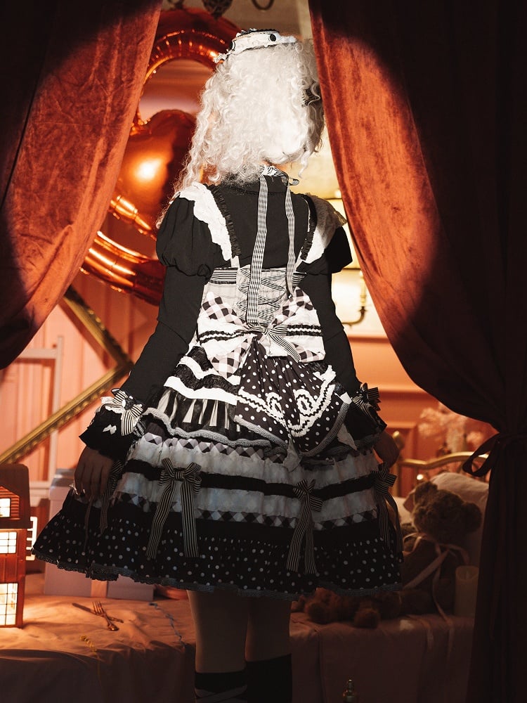 Black and White Oreo Cake Bow Accents Tiered Skirt Sweet Lolita Dress