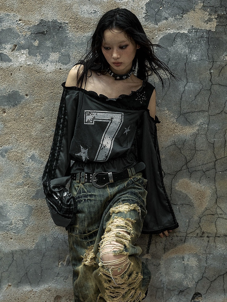 Gray Asymmetrical Neckline Number Print Blokette Core Punk Top