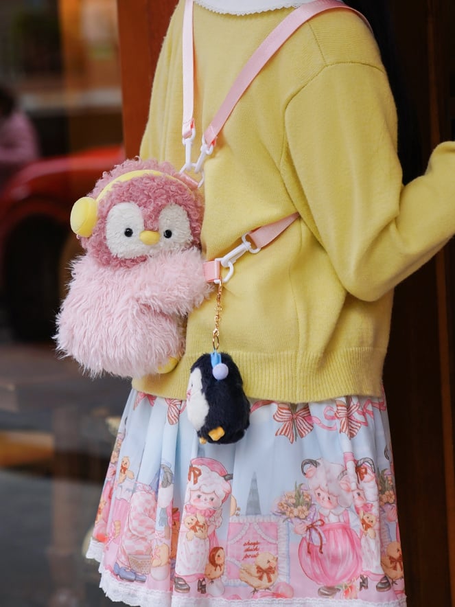 Pink Cute Penguin Plush Backpack/Crossbody Bag + Penguin Keychain Middle/Large Size