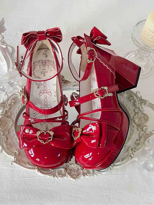 Red Bow Accent Crisscross Design Lolita Platform High Block Heels