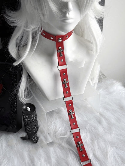 Punk Black/Red PU Cross and Stud Embellished Chain Choker