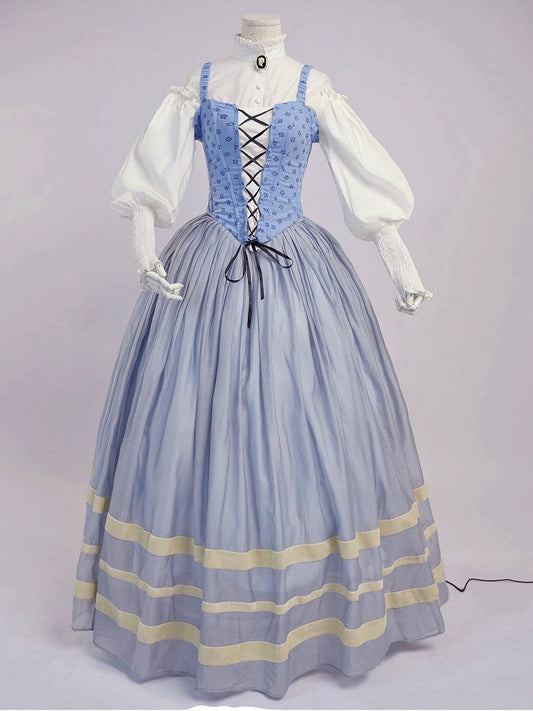 Bavarian Landhaus Historical Costume - Light Blue Boned Corset + Skirt + White Shirt + White Lace Bonnet