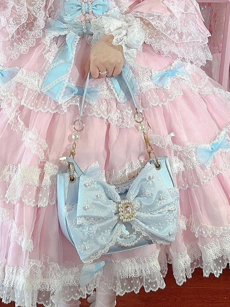 Blue Sweet Lolita Underarm Bag in Satin with Dazzling Bead and Crystal Bow