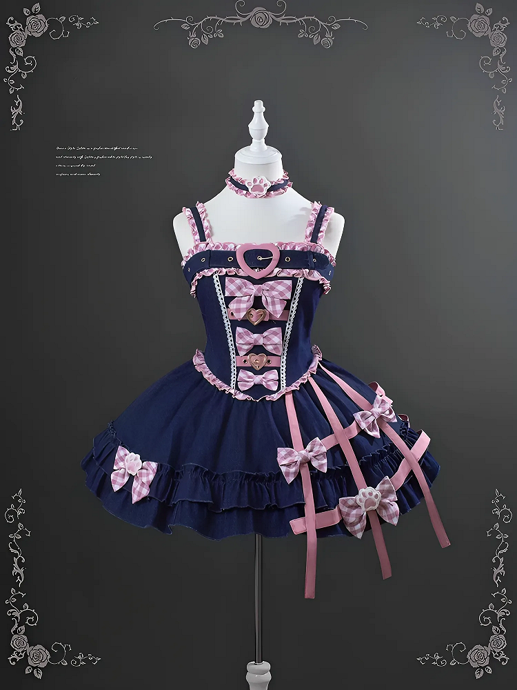 Y2K Pink Plaid Bowknots Birdcage Design Blue Denim Sweet Lolita Dress Jumper Skirt