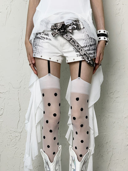White Y2K Suspender Tights With Black Polka-dot Pattern