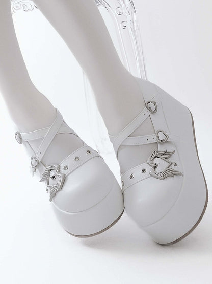 White Y2K Crisscross Design Wings Decorated Heart Buckles Platforms