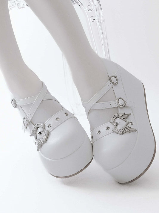 White Y2K Crisscross Design Wings Decorated Heart Buckles Platforms
