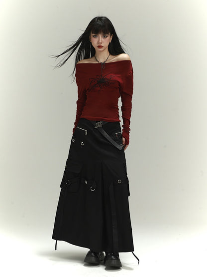 Wine Red Asymmetrical Neckline Spider Print Glamorous Slim-fitting Top