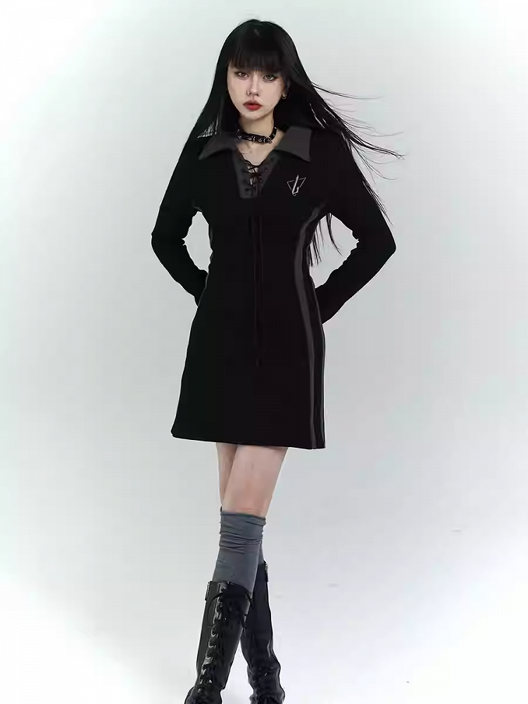 Gothic Black Short Version Dress with Lace-up Detail at Front