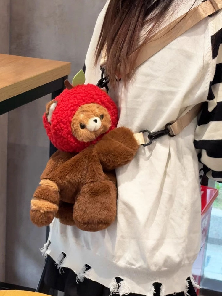 Brown Red Panda Plush Backpack/Crossbody Bag + Red Apple Hat+Keychain