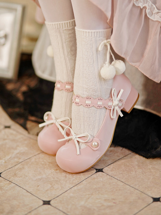 Pink Beaded Decorated Knotted Bow at Top Round Toe Lolita Shoes