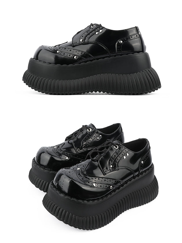 Black Bittersweet Platform Shoes - Studded Details & Lace-Up Design